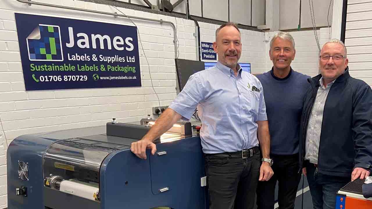 (L-R) James Labels joint managing directors Andy James and Keven Mitchell with Antony Cotton, technical sales manager at Focus Label Machinery