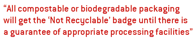 All compostable or biodegradable packaging will get the ‘Not Recyclable’ badge until there is a guarantee of appropriate processing facilities