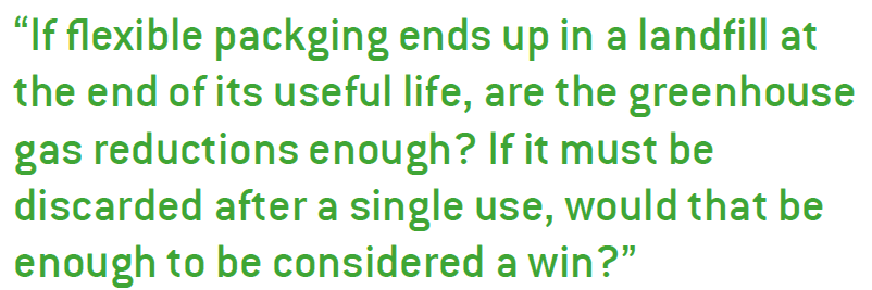 If flexible packging ends up in a landfill at the end of its useful life, are the greenhouse gas reductions enough? If it must be discarded after a single use, would that be enough to be considered a win?”