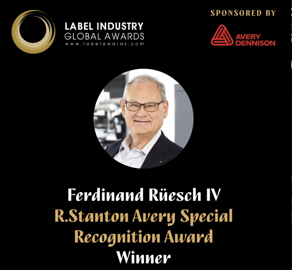 The R. Stanton Avery Special Recognition Award sponsored by Avery Dennison, went to Ferdinand Rüesch IV, senior vice president of global key accounts at Gallus Ferd. Rüesch 