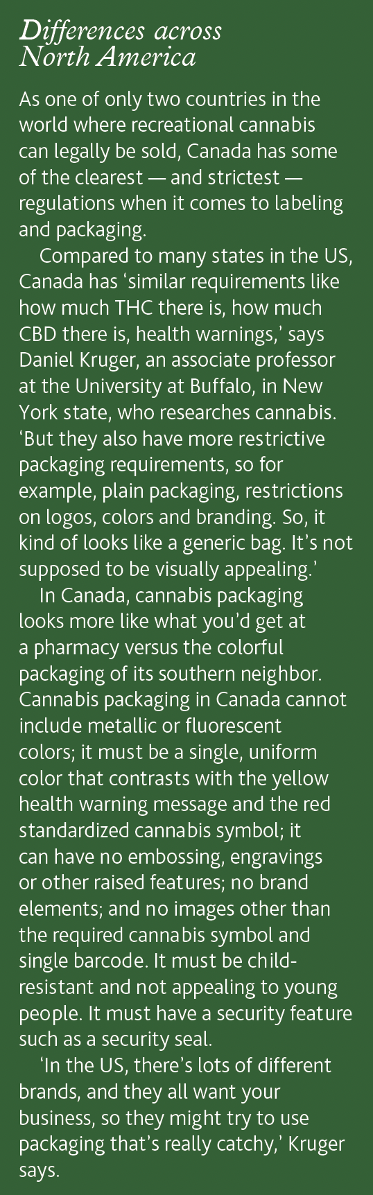 a sidebar on regulatory differences between the US and Canada; Canada doesn't allow branding on cannabis packaging