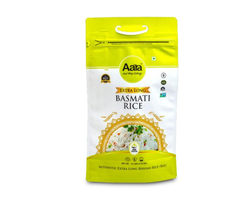 Aara® Basmati Rice 5-panel Pouch with Pocket Zipper and C-cut Handle, 10 lbs.