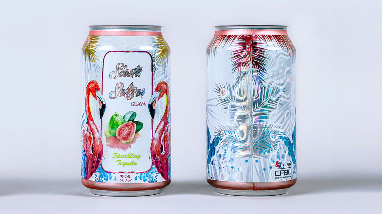 K Laser cold foil on sparkling tequila cans