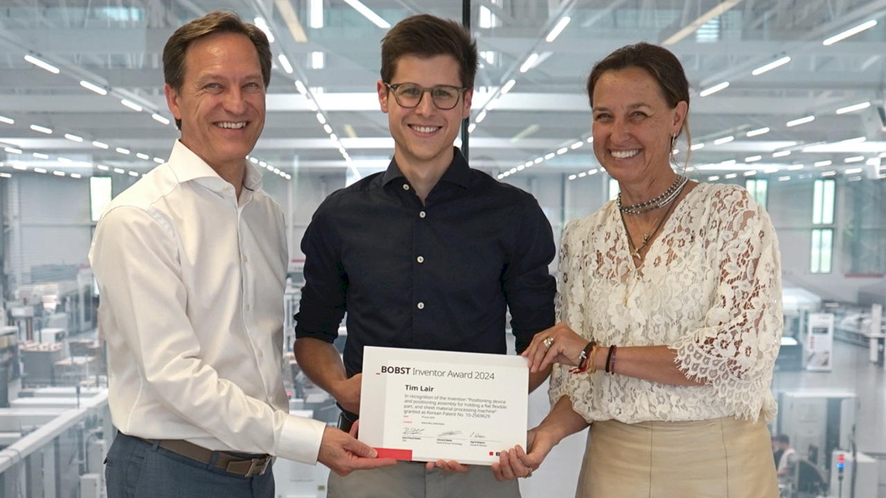 L-R: Jean-Pascal Bobst, CEO of Bobst Group; Tim Lair, additive manufacturing engineer  and Sigrid Wagner, Bobst Group IP director.