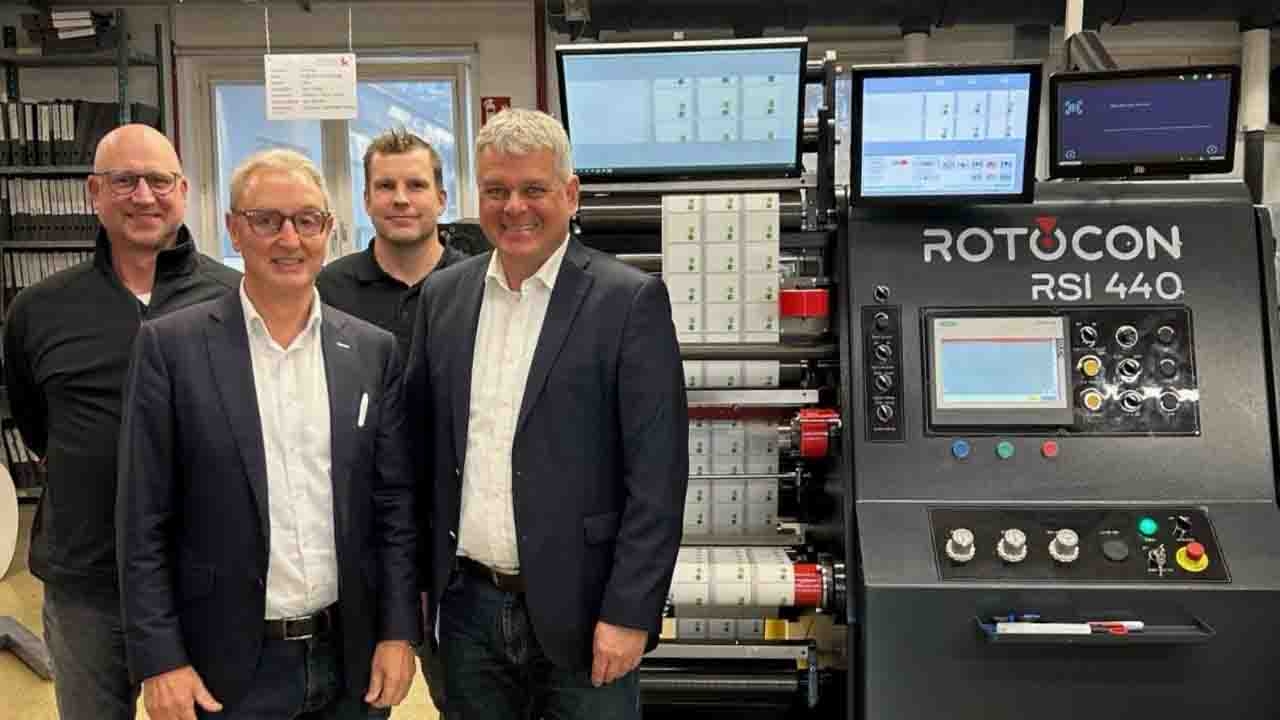 (Front): Michael Aengenvoort, Rotocon group CEO and Frank Neumann, Achertäler Druckerei managing director and owner (Back): André Klinkow, chief operations officer of Rotocon Europe and Manuel Maurer, Achertäler Druckerei production manager