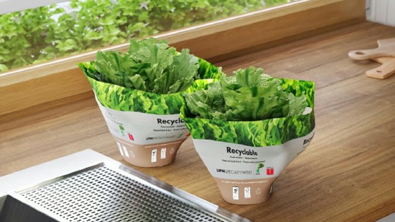 two salad pot wrappers with green leaves