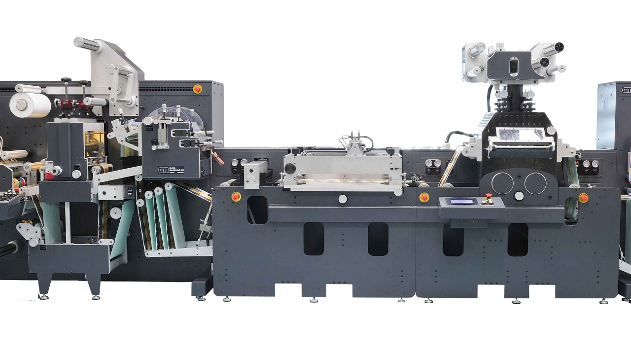 As well as hot stamping and screen printing modules, the line includes flexographic varnishing with registration for cold foil, cast and cure and semi-rotary die-cutting