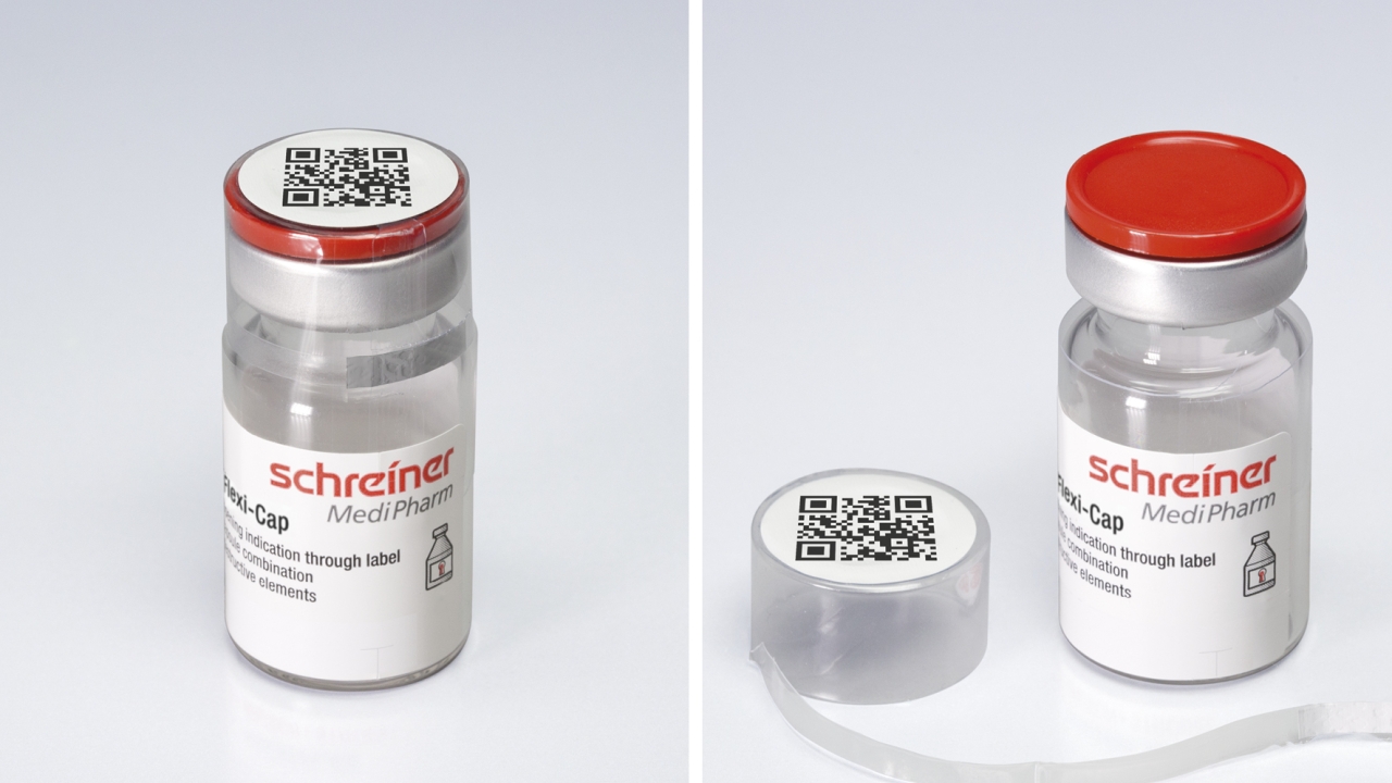 The film cap is positioned over the closed container before the label is applied without covering the peel-open tab of the opening strip. Once the strip is opened, the bottom part of the cap, together with the label, remains attached to the container. The film cap is positioned over the closed container before the label is applied without covering the peel-open tab of the opening strip. Once the strip is opened, the bottom part of the cap, together with the label, remains attached to the container.