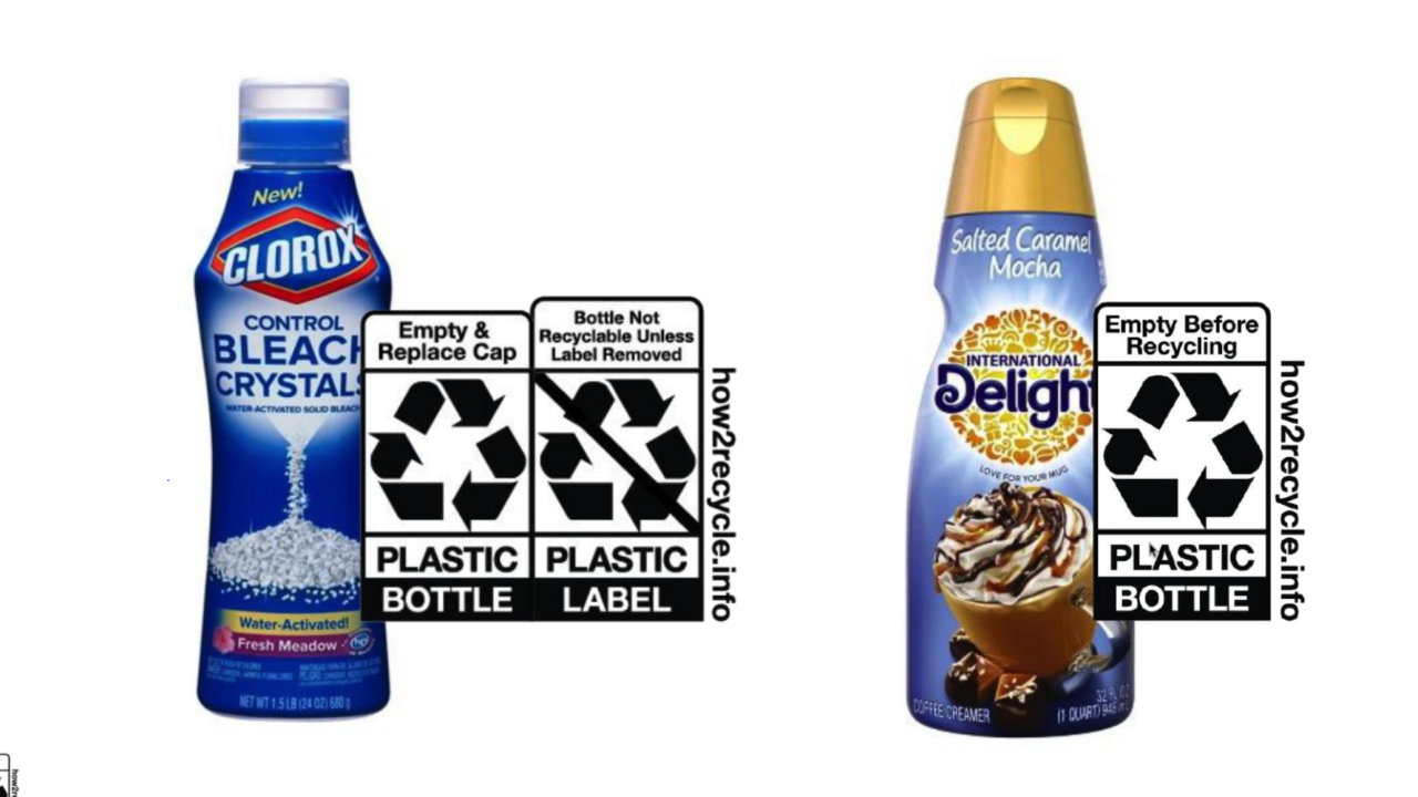 One comparison shared in the TLMI webinar evaluated two distinct How2Recycle labels provided to two different brands (Clorox vs International Delight) using full-body sleeve labels One comparison shared in the TLMI webinar evaluated two distinct How2Recycle labels provided to two different brands (Clorox vs International Delight) using full-body sleeve labels